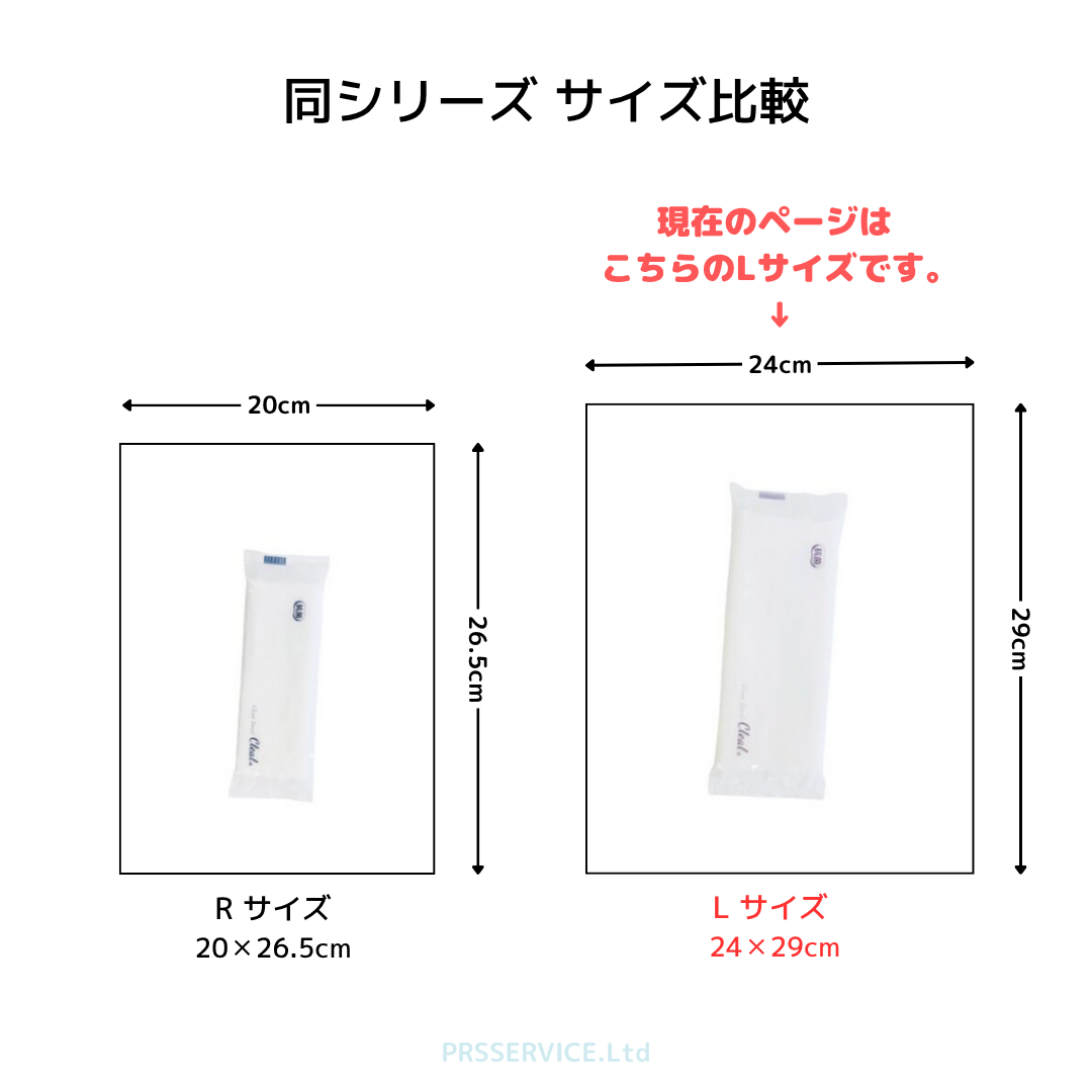紙おしぼりクリールのサイズ比較図。Rサイズ(20×26.5cm)とLサイズ(24×29cm)の大きさを並べて比較。現在はLサイズの商品ページ。