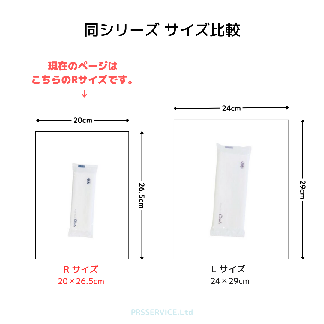 紙おしぼりクリール平型のサイズ比較図。Rサイズ（20×26.5cm）とLサイズ（24×29cm）の大きさを並べて比較。現在はRサイズの商品ページ。