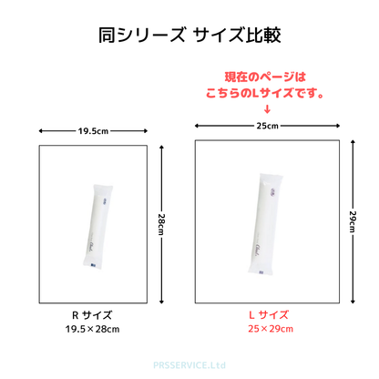 紙おしぼりクリール丸型のサイズ比較図。Rサイズ（19.5×28cm）とLサイズ（25×29cm）の大きさを並べて比較。現在はLサイズの商品ページ。
