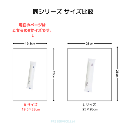 紙おしぼりクリール丸型のサイズ比較図。Rサイズ（19.5×28m）とLサイズ（25×28cm）の大きさを並べて比較。現在はRサイズの商品ページ。